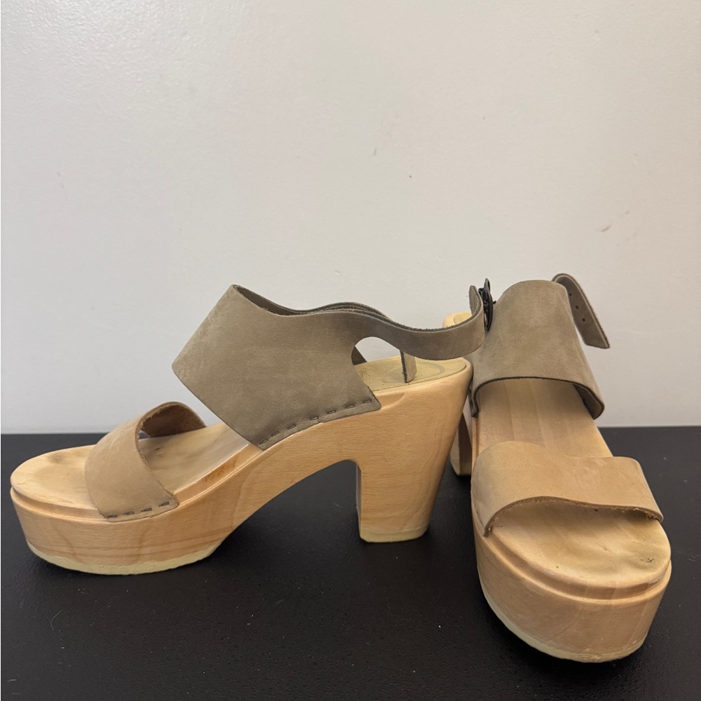 No. 6 Taupe Suede Platform Sandals with Wood-Look Heel